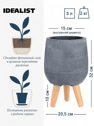 WSTRIPR-20-GR Напольное кашпо IDEALIST LITE Страйп на ножках, овальное, серое, Д20.5 В32 см, высота ножек 10 см